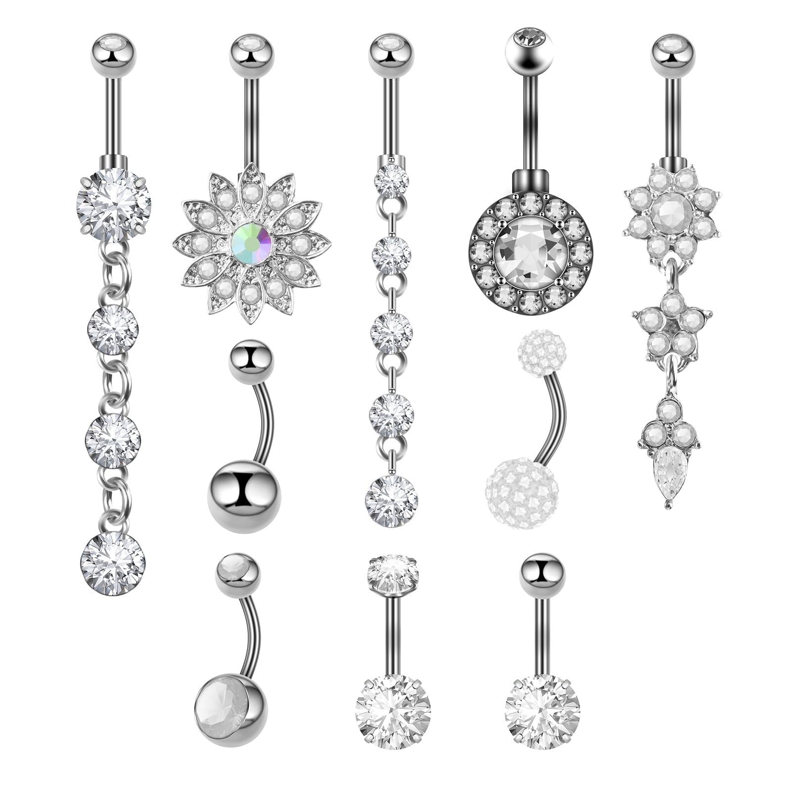 THE WHITE SHOP 10pcs Silver Belly Button Ring Dangle Surgical Steel Belly Rings for Women Girls 14G Surgical Steel Belly Button Piercing Cute Navel Ring Belly Piercing Jewelry