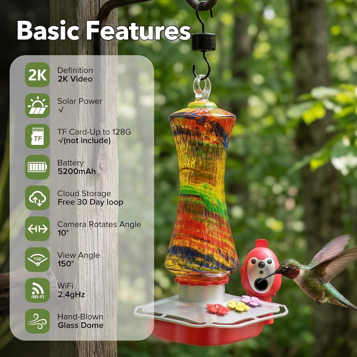 Hummingbird Feeder with Camera, 2K Smart Bird Feeder with AI Bird Detection & App Alerts, Solar Powered Bird Feeder Camera with Water Level Monitor, Hand-Blown Glass Hummingbird Feeder for Outdoors