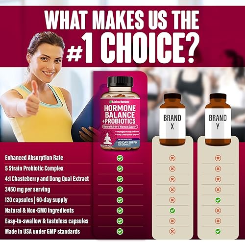 Miniatura 4 de Equilibrio hormonal + probióticos para mujeres (3450 mg) Alivio natural para la menopausia, peso, hinchazón, sofocos, manejo del síndrome