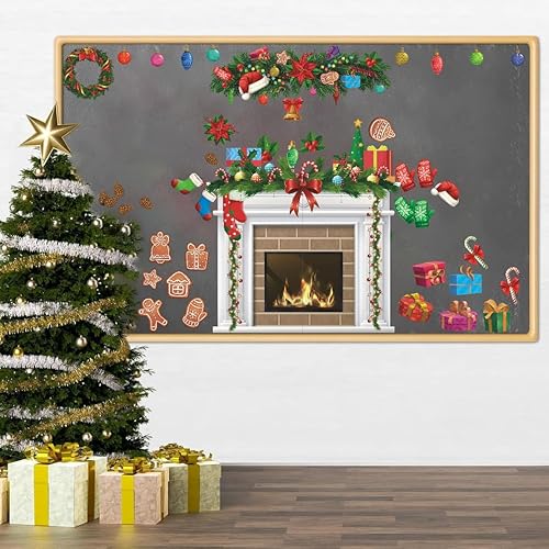Miniatura 3 de IARTTOP Calcomanía de tablón de anuncios de chimenea de Navidad, calcomanía de pared de chimenea de Navidad, decoración de fondo de chimenea, corona