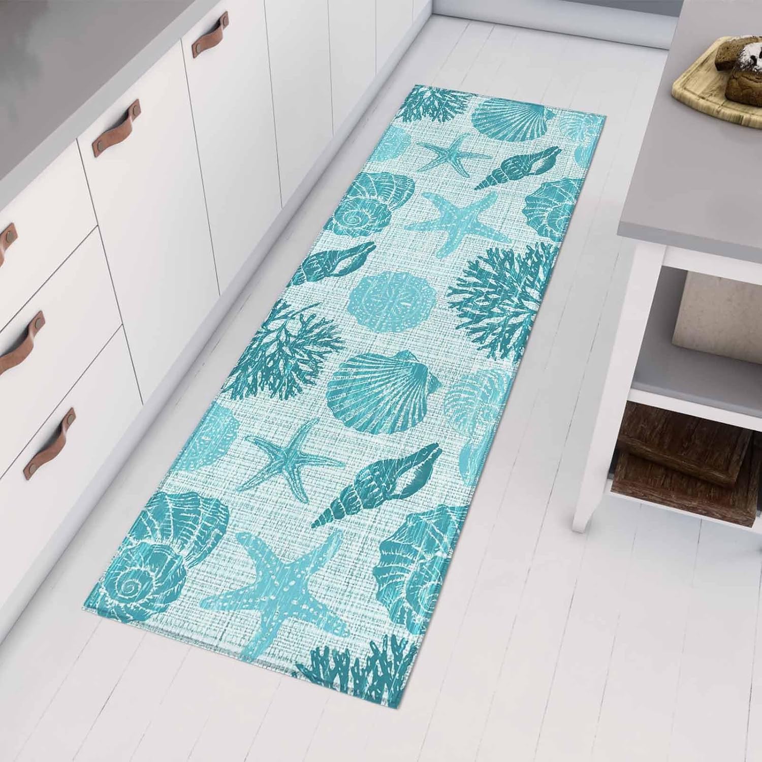 Kitchen Mats for Floor Watercolor Teal Ocean Starfish Conch Washable Non Slip Kitchen Rugs 1PCS, Marine Shell Coral Absorbent Standing Mats for Sink Bathroom Office Living Room 23.6x70.9in