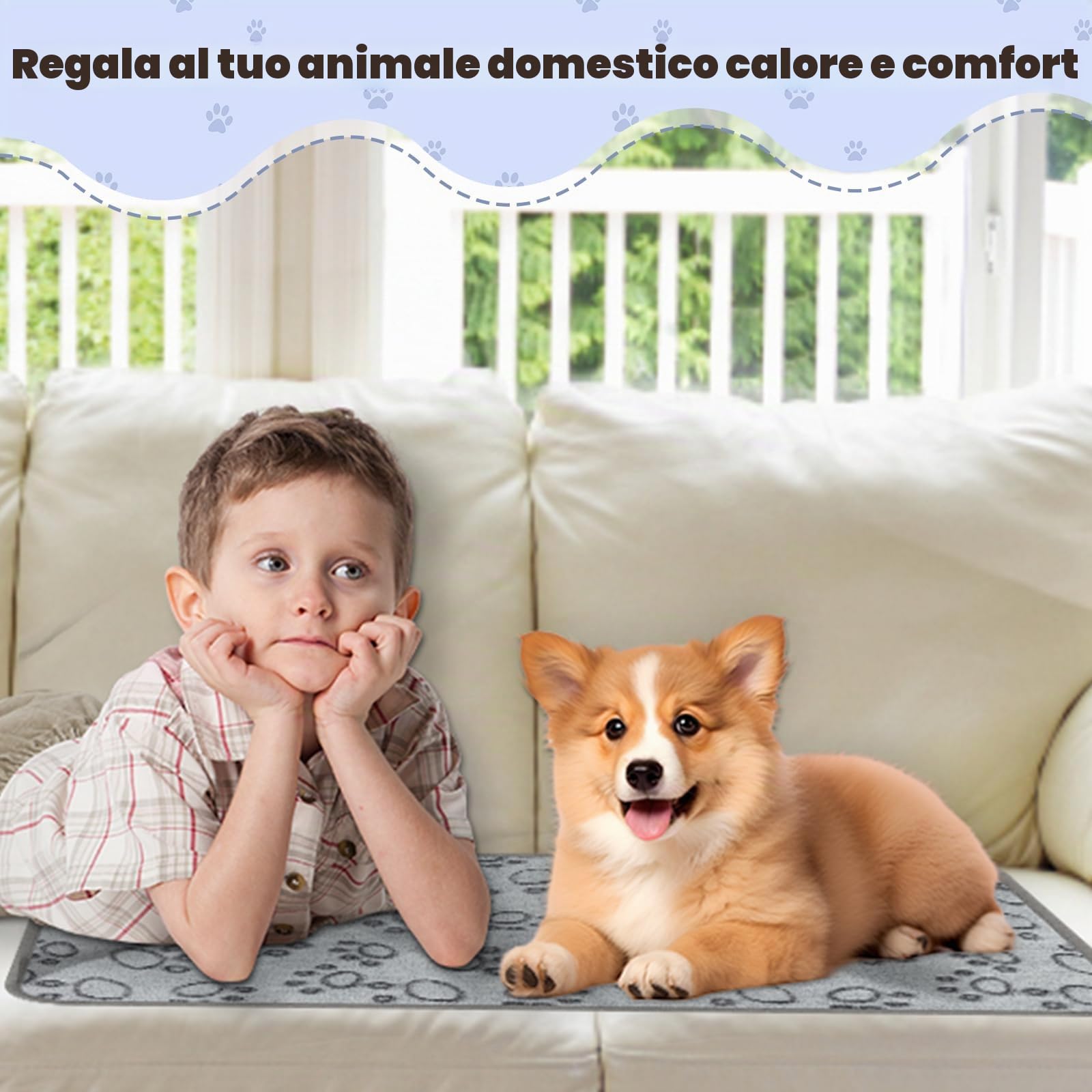 Coperta Per Cani Lavabile Flanella Morbida Calda 60×40cm Grigio Impronte Zampe