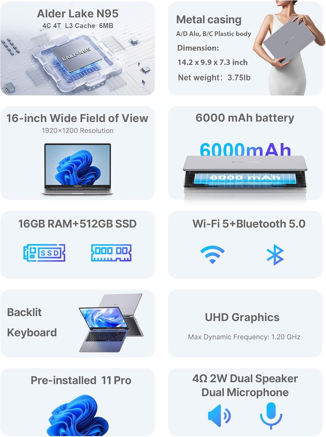 Laptop Computer 16 Inch 11 Pro, Alder Lake N95 Notebook PC (4C/4T, Up to 3.4GHz), 16GB DDR4 RAM, 512GB NVMe SSD, 1080P Screen, UHD Graphics, Backlit Keyboard, Wi-Fi 5, BT 5.0, Webcam