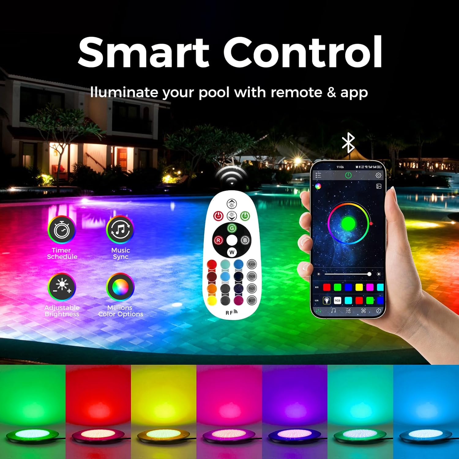 SngBrt Ultra Slim LED Pool Lights, 12V 50Watt Swimming Pool Lights with FT Cord,Bluetooth Link, RGB Multicolor, IP68 Waterproof Pool Underwater Light for 10" Wet Niches (Transformer Included)