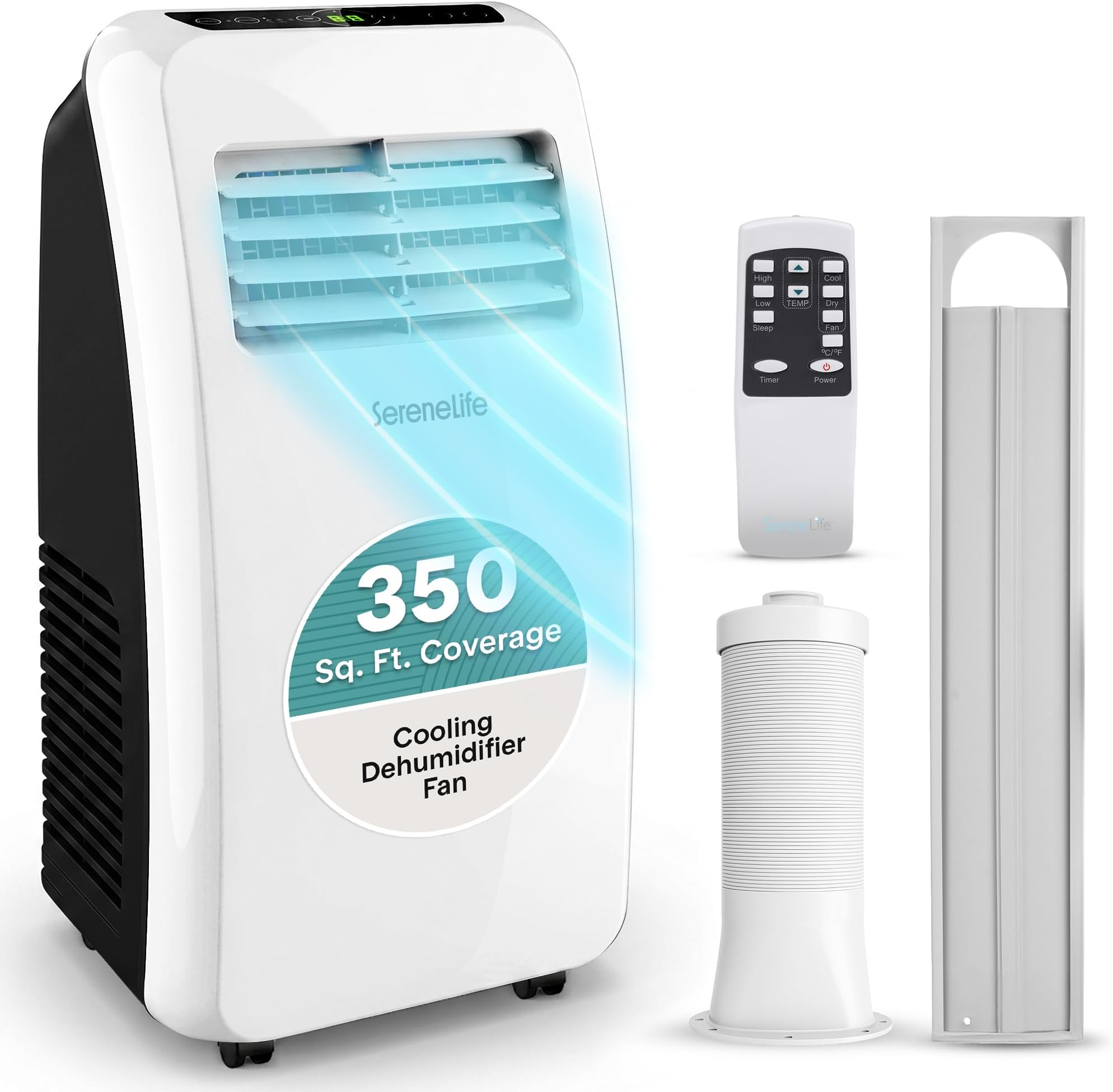 SereneLife Portable Air Conditioner, Dehumidifier & Fan | 3-in-1 8,000 BTU AC With Temperature Ranges 64°F–90°F & Cools 350 SQ FT | Includes 3 Fan Speeds, Remote Control, & Window Exhaust Kit | White