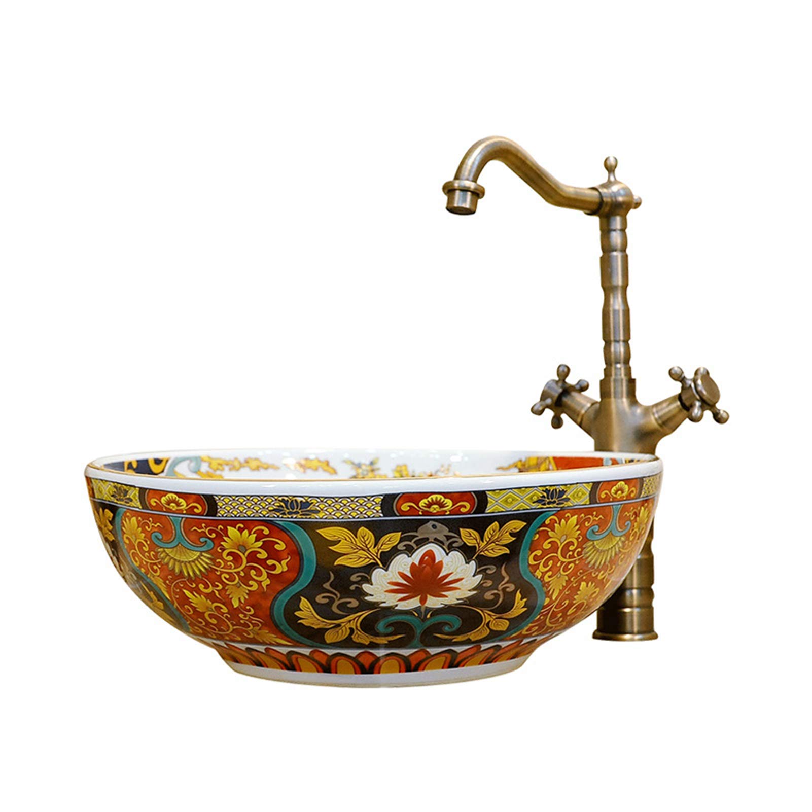 TIANQIHAO European Style Retro Countertop Sinks, Round Vessels Bathroom Ceramic Wash Basin Bowl And Faucet Combo For Cabinet Lavatory Vanity,Single Basin,Basin + Hardware
