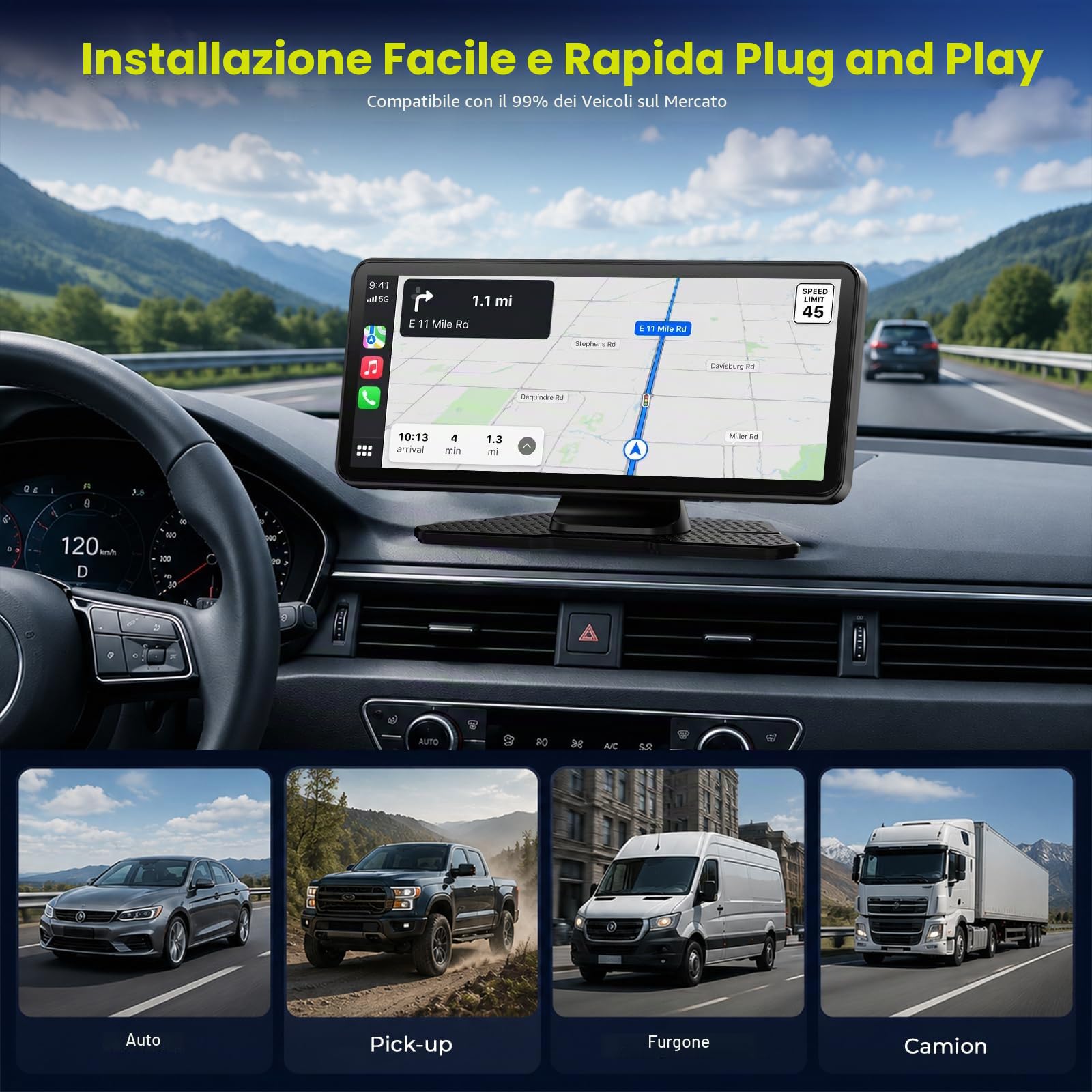 LAMTTO Display Wireless CarPlay & Android Auto Con Dashcam 2,5K + 1080P, Schermo Touch HD Portatile da 6,86 Pollici, CarPlay Con Assistente Vocale, Navigazione, Bluetooth, Scheda da 64 GB, Mirror Link