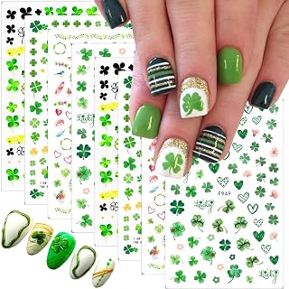 8Pcs St. Patrick's Day Nail Art Stickers 3D Green Four-leaf Clover Nail Decals Luck Leaf of Irish Self Adhesive Design Spring Summer Nail Supplies Shamrock Nail Sticker for St Patrick's Day Nail Decor