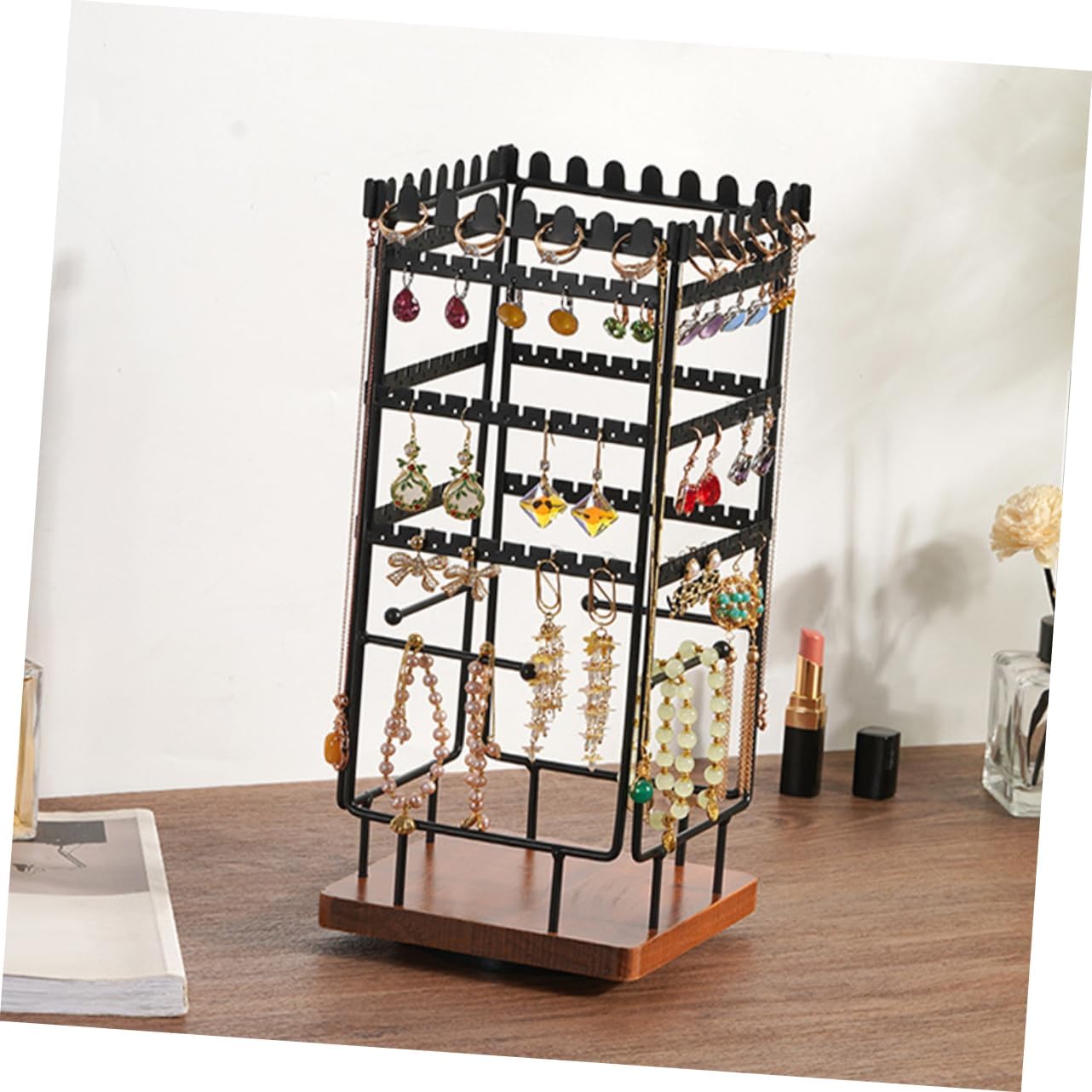 Vintage Solid Wood Rotatable Jewelry Organizer Stand with Four Sided Metal Display Stable Base Earring Holder and Necklace Rack for Vanity Store and Home Use