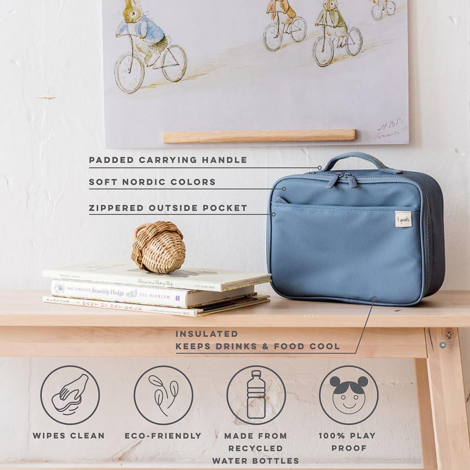 3 Sprouts - Borsa Termica per Bambini - Porta Pranzo Isolante per Scuola e Picnic, Design Divertenti - Blu
