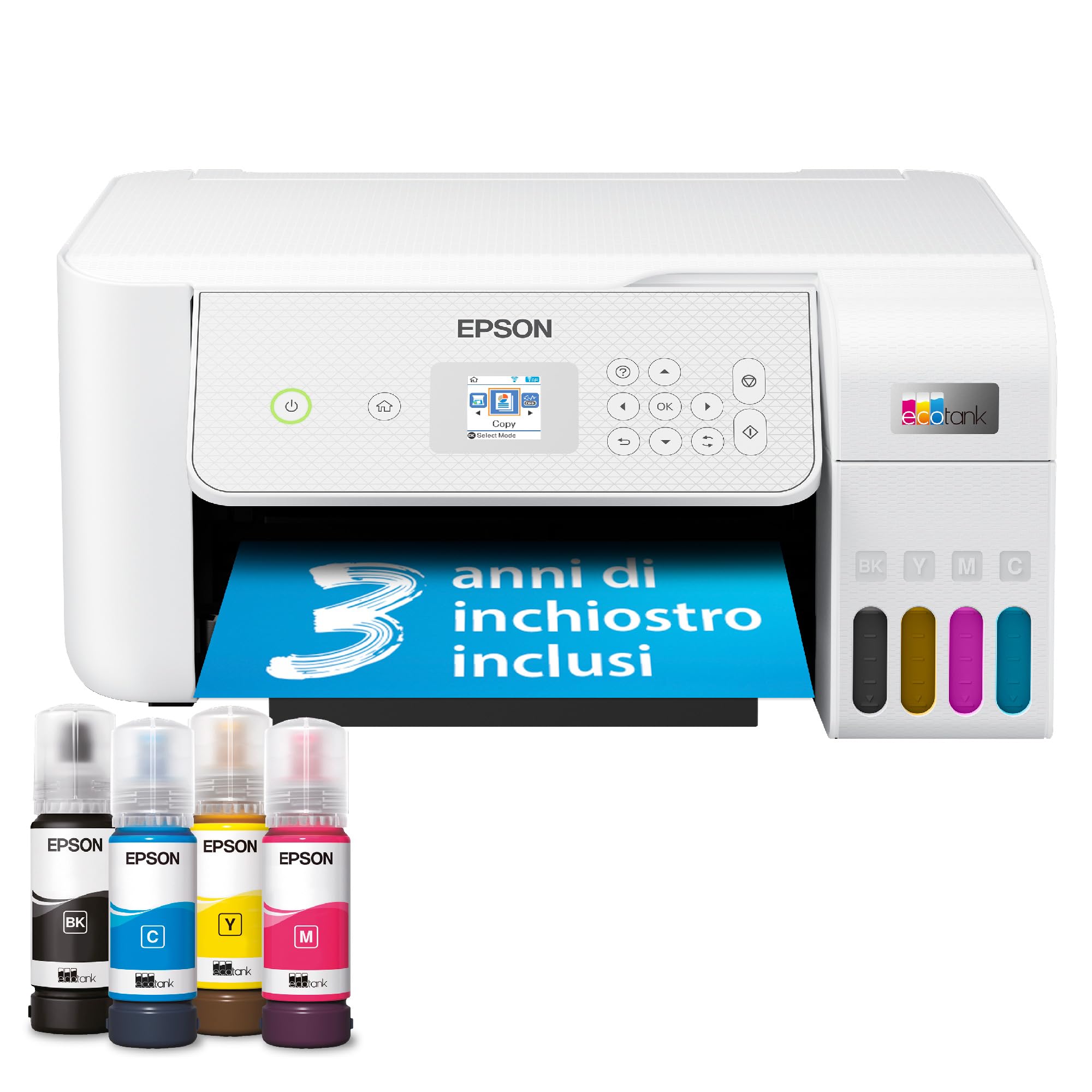 Epson EcoTank ET-​2876 Stampante con Serbatoi D'inchiostro | Stampa a Casa Alti Volumi | Wi-​Fi | A4 | Stampa, Copia, Scansione | Display LCD 3.7 cm | 3 Anni D'Inchiostro Inclusi