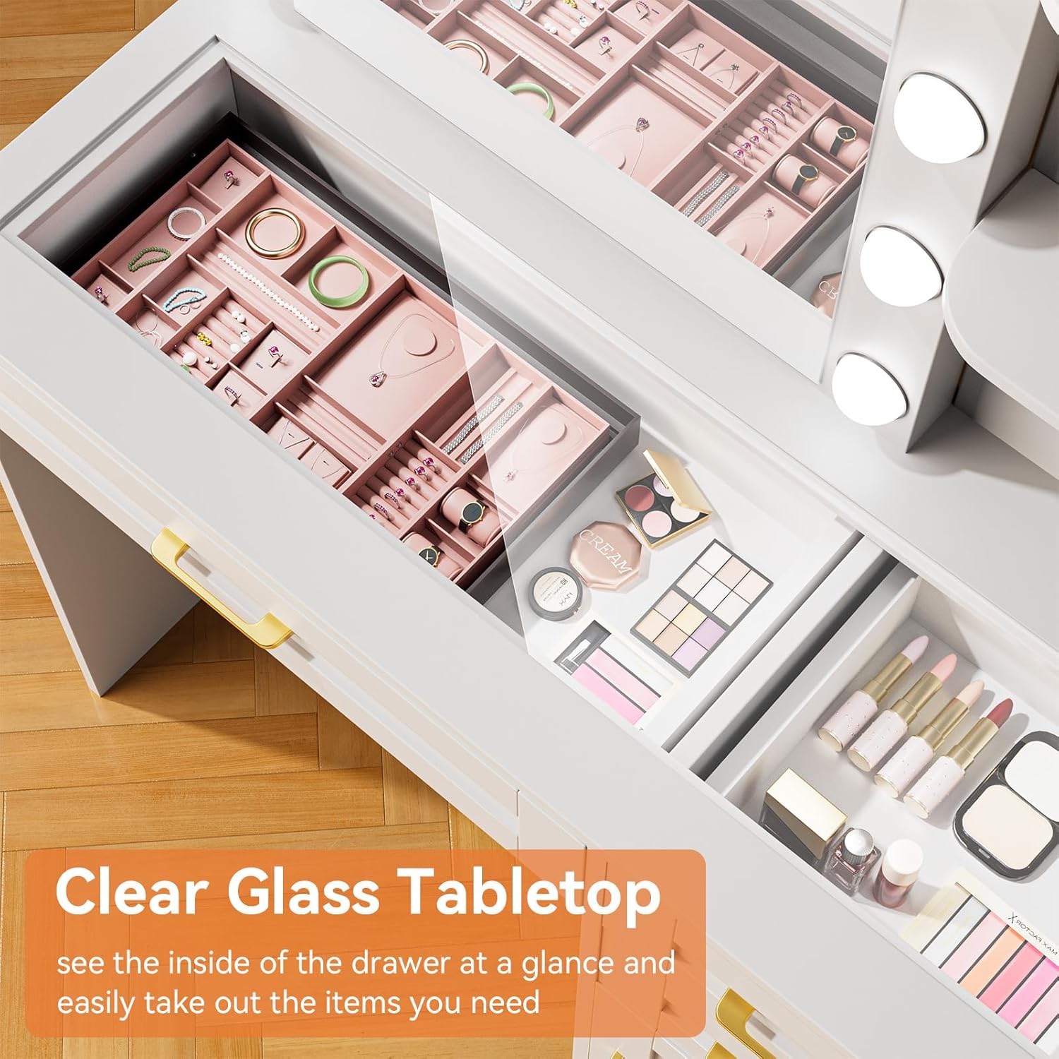 Farmhouse Vanity Desk with Mirror and Lights, White Vanity Table Set with Power Outlet, 13 Bulbs with Adjustable Brightness, Cabinet, Open Shelf, Makeup Desk with Storage Stool for Girls Bedroom