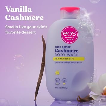 eos Shea Better Kaşmir Vücut Yıkama, Vanilyalı Kaşmir, Nemlendirici ve Besleyici, pH Dengeli Kremsi Jel Formülü, Paraben ve Ftalat İçermez, Hassas Cilt, 16 fl oz