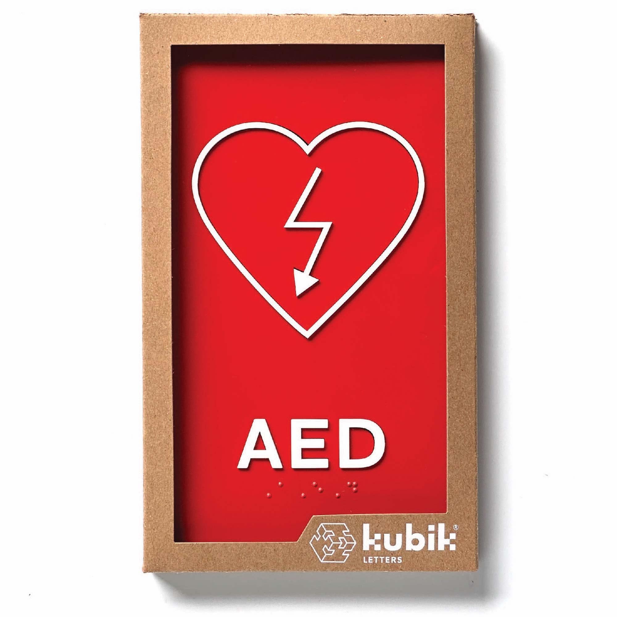 Kubik Letters Premium AED Sign, ADA Compliant Modern Design Sign with Grade 2 Braille for AED Location with Double Sided Tape