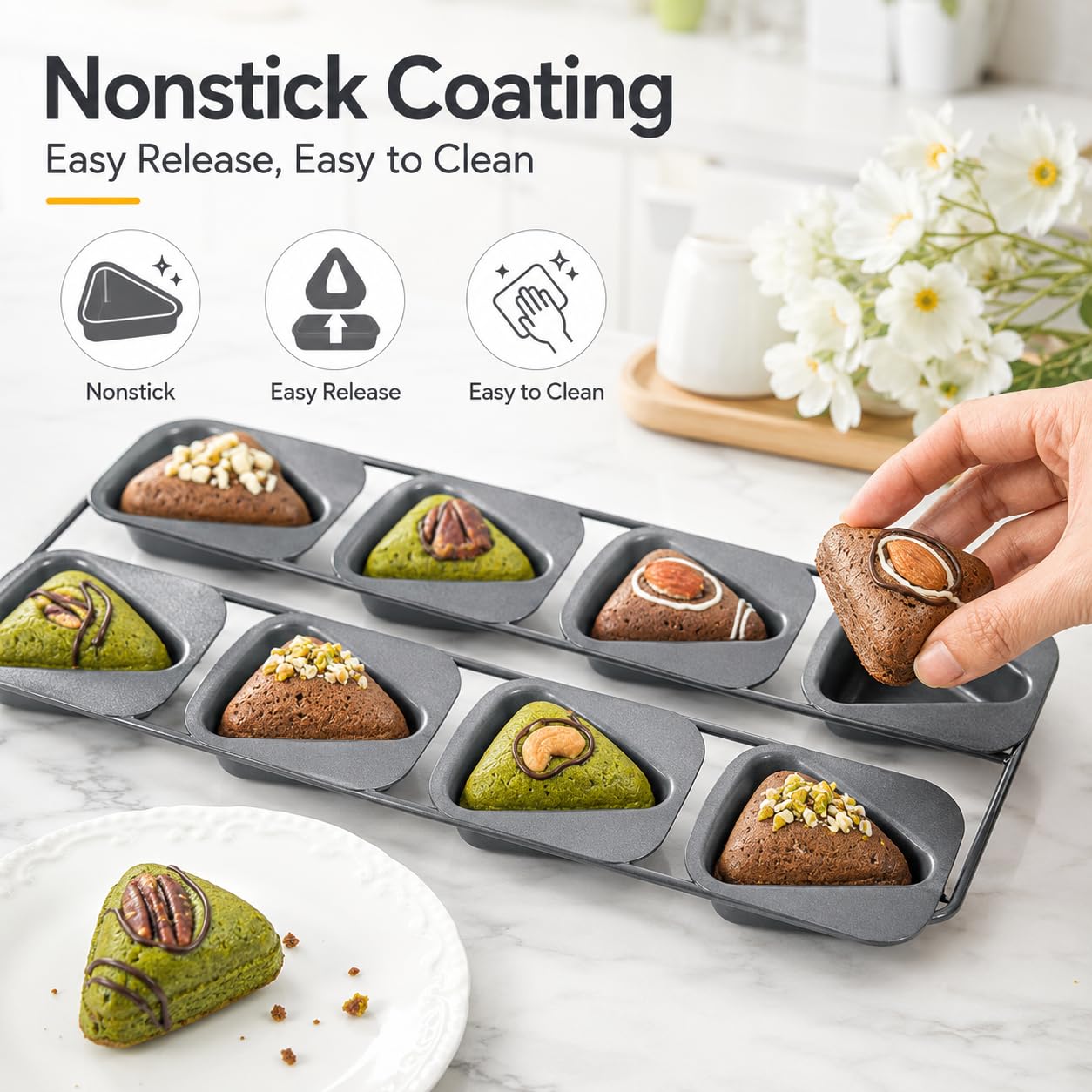 Paquete De 2 Moldes Para Hornear Pasteles Triangulares De 8 Cavidades | Dos sartenes de acero al carbono con Ocho cavidades triangulares conectadas cada una para mini pasteles