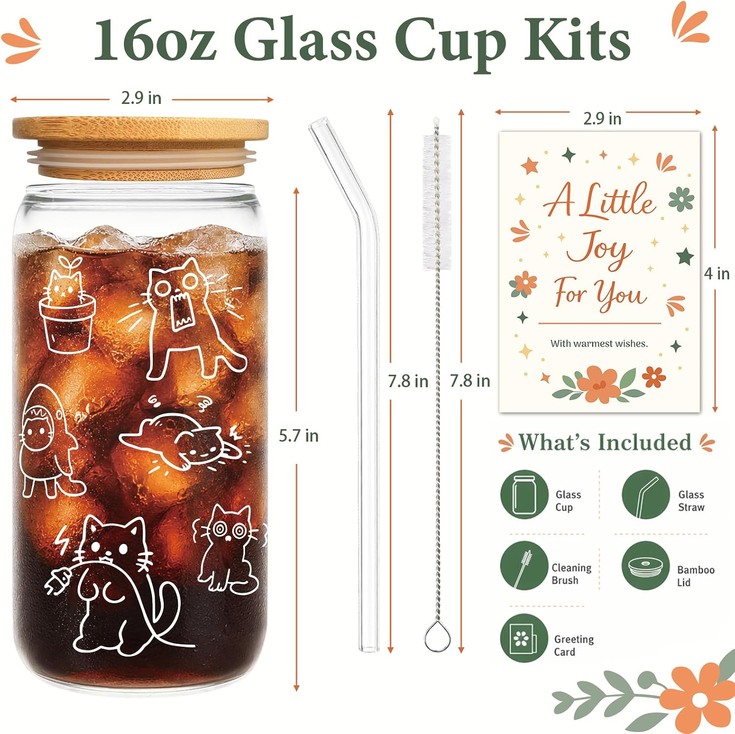 Funny Cat Lover Gift for Women - 16oz Glass Coffee Tumbler with Lid and Straw, Emotional Support Kitty Design, Cute Birthday Present for Moms, Friends, Coworkers image 3