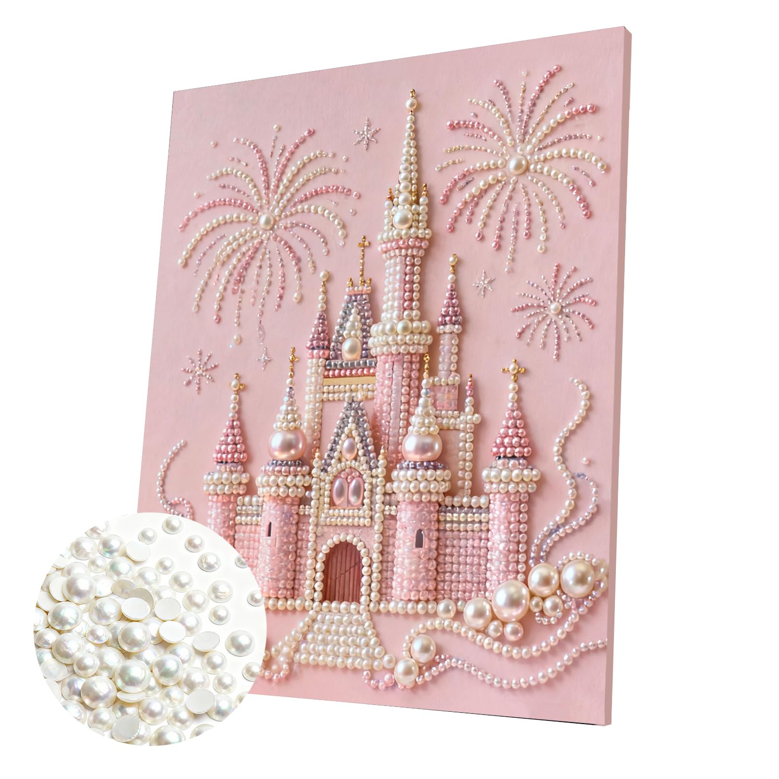 DIY Pearl Painting Kit with Wooden Frame, 3D Plastic Pearl Art Diamond Art Kits for Adults, Ready-to-Hang Home Decor, Gift for Women Beginners(Pink Castle)(40 * 50cm)