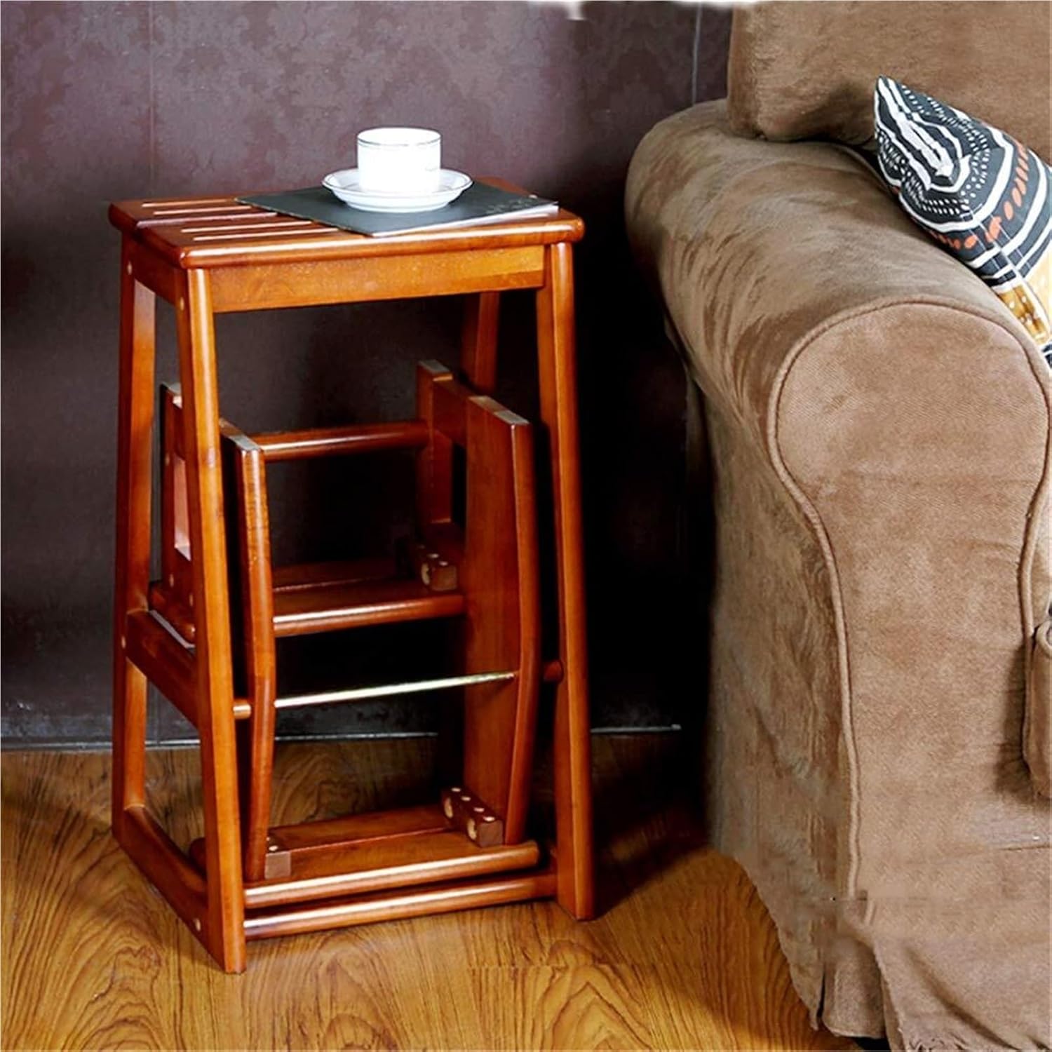 Step Stool White Foldable Step Ladder 3 Steps - Lightweight Wooden Ladder with Safety Features - Multipurpose for Home, Library & Loft
