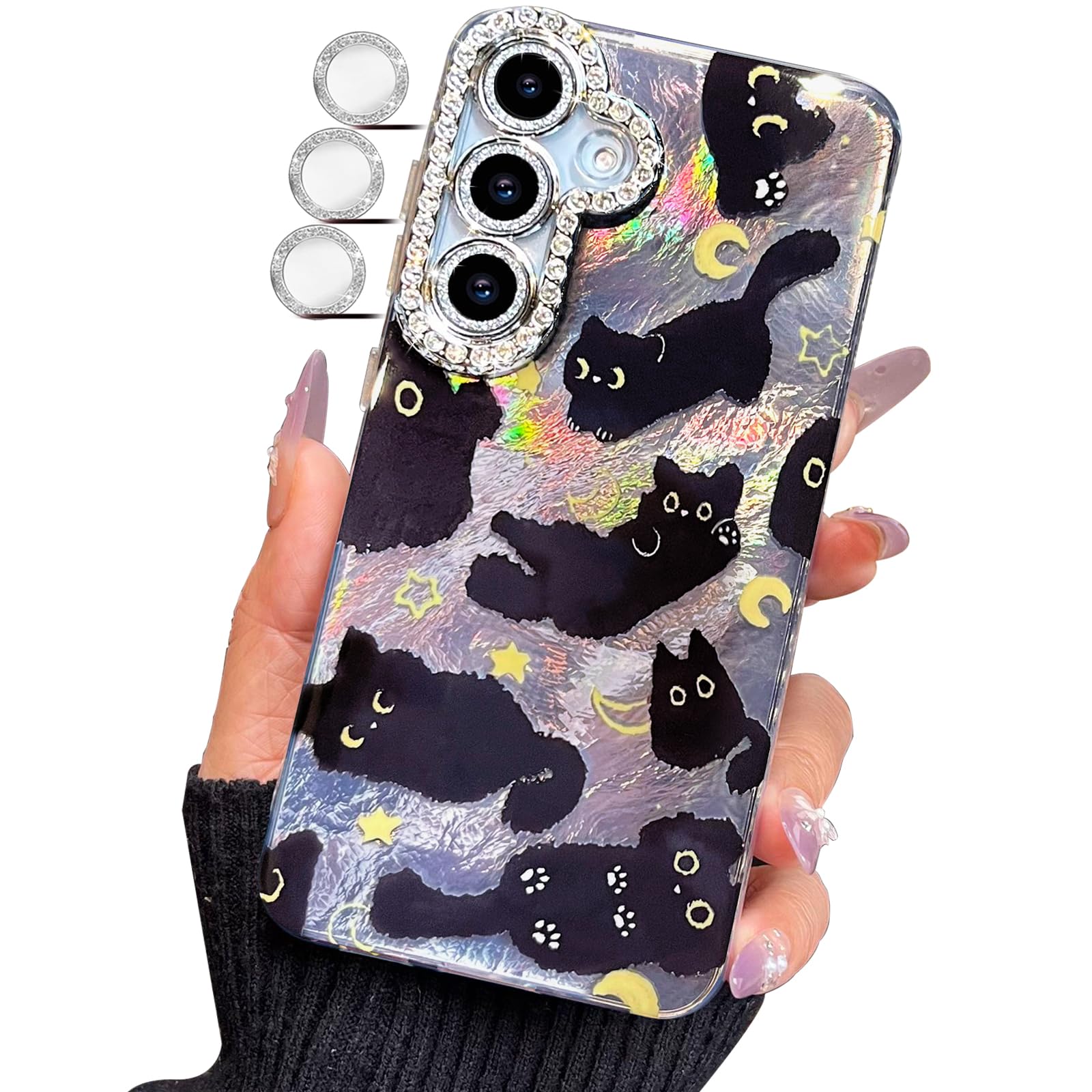 buccilly Compact Case for Samsung Galaxy S24 Plus & S25+ Black cat-Silver Design,Cute Soft Slim TPU Shockproof Protective Bumper Phone Cases Cover for