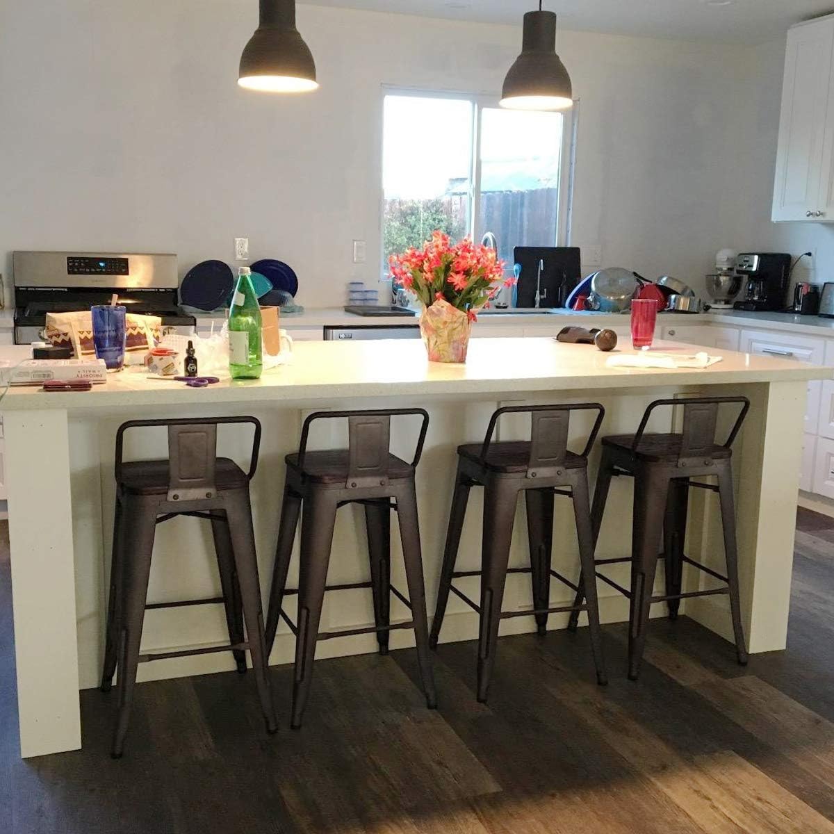 Tongli Metal Bar Stools Counter Height Stools Set of 4 Counter Height Barstools with Backs Patio Dining Chair Wooden Seat 24 inches (Rusty, Low Back)