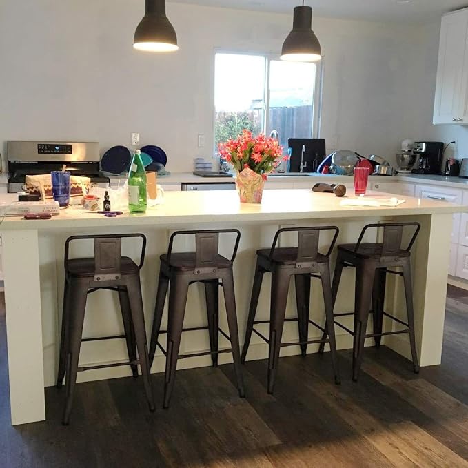 Conjunto de 4 butacos metálicos Tongli 24 pulgadas con asiento de madera miniatura 8