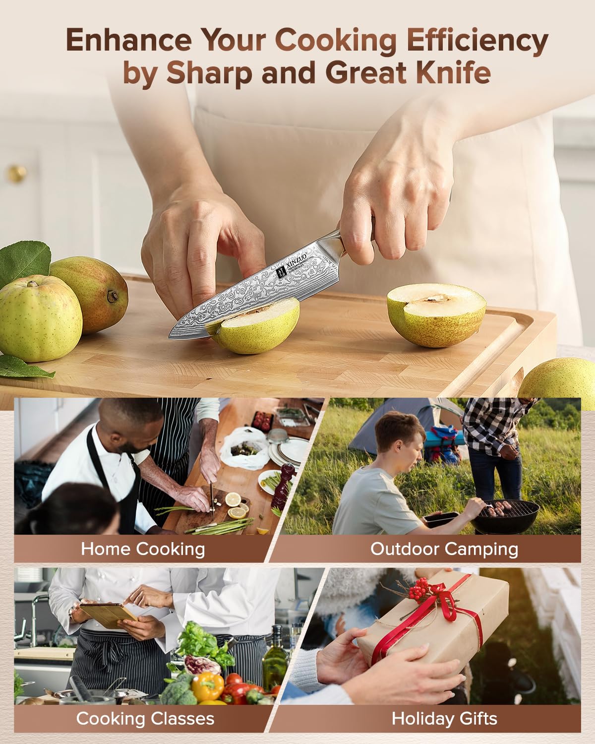 XINZUO Acero de Damasco Cuchillo Universal de Cocina 13,3cm Cuchillo para Pelar de Fruta -Mango Ergonómico de Figured Sycamore Wood -para Carne, Pescado, Fruta y Verdura -con Caja de Regalo