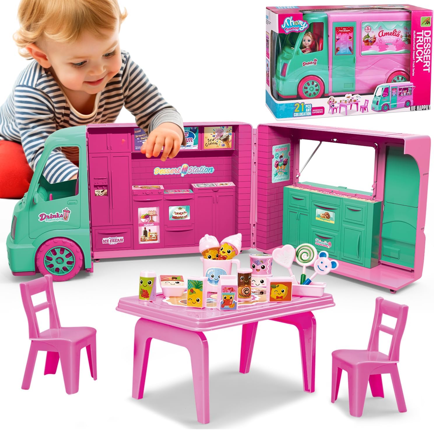 Dollhouse Camping RV Playset for Girls - Kids Camper Van Toy with Slide, Pool, Tent, BBQ Grill & Doll Accessories - Pretend Play Outdoor Adventure Toy Birthday Gift for 3 4 5 6 7 8 Year Old
