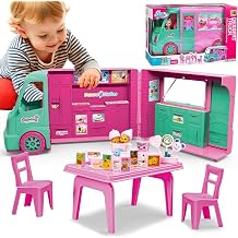 Dollhouse Ice Cream Truck Playset for Girls - Kids Kitchen Pretend Play Food Dessert Truck Toy with Doll, Table, Chairs & Accessories - Birthday Gift for 3 4 5 6 7 8 Year Old Toddler Children
