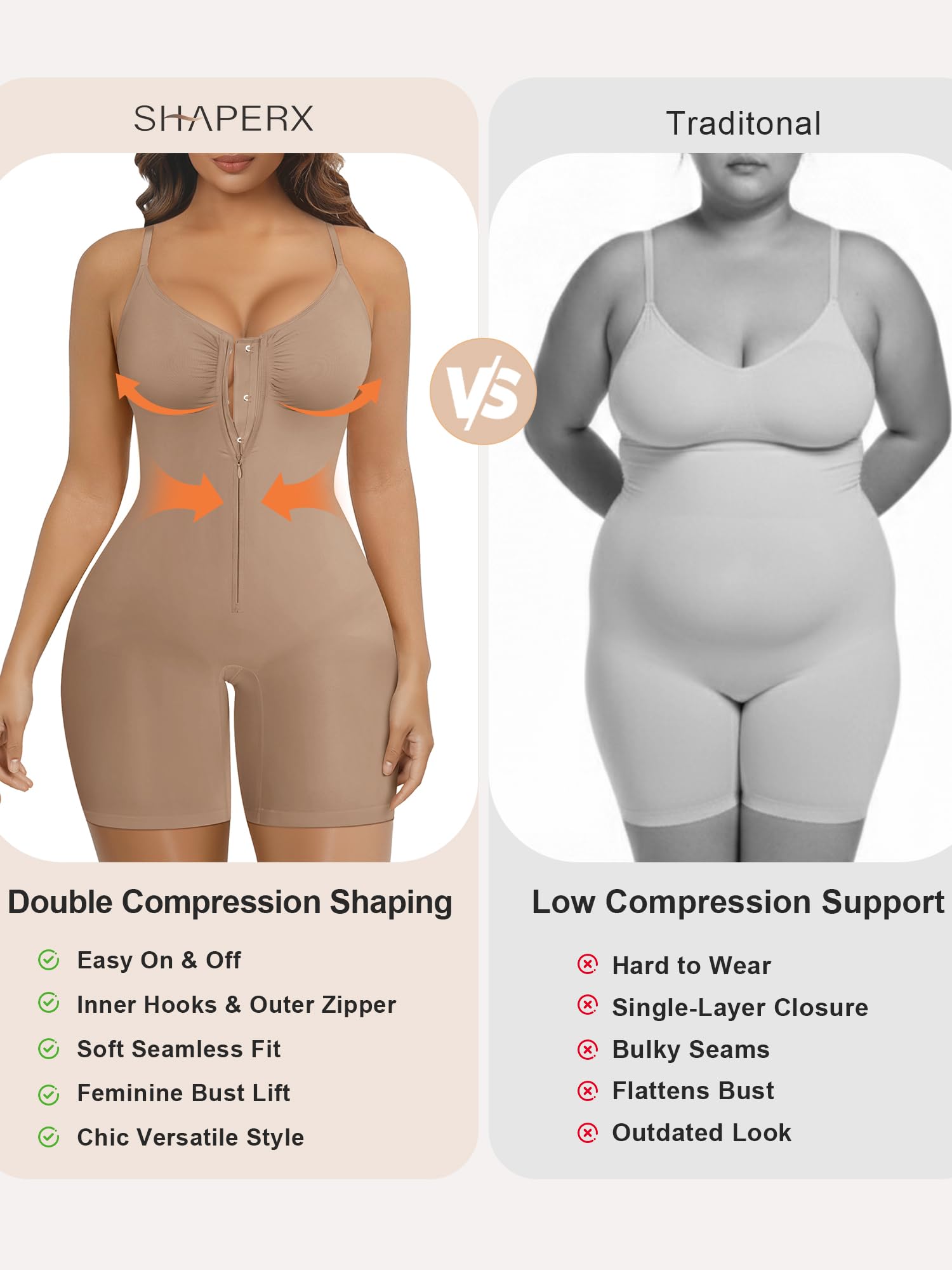 SHAPERX Body Moldeador Mujer con Cremallera y Ganchos, Shapewear de Fuerte Compresión Control Abdomen, Seamless Invisible, Faja Reductora Cintura para Uso Diario y Fiesta