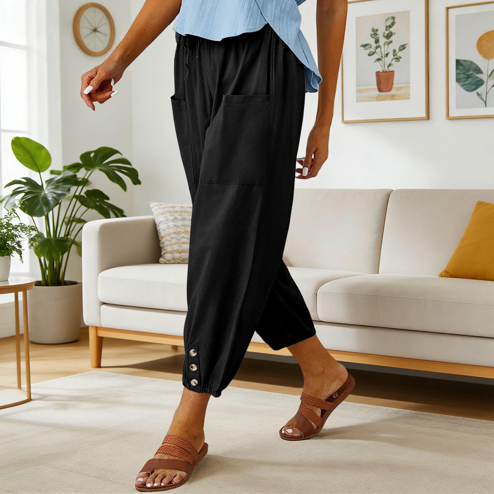 Pantalon Femme Été Léger Pantacourt 7/8 Longueur Coton Taille Elastique Fluide Pantalon de Plage Ample Décontracté