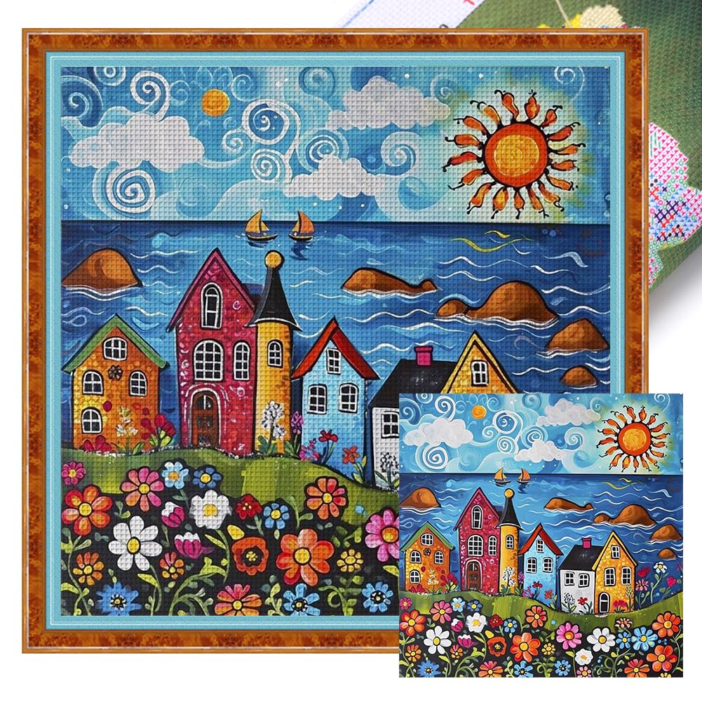 Stamped Cross Stitch Kits for Adults Beginners,Bear 14CT Printed DIY Canvas Pattern, Easy Needlepoint Embroidery Kit Supplies, Home Wall Decor Art Craft Gift 15.7 * 15.7inch (Style D) — image 1