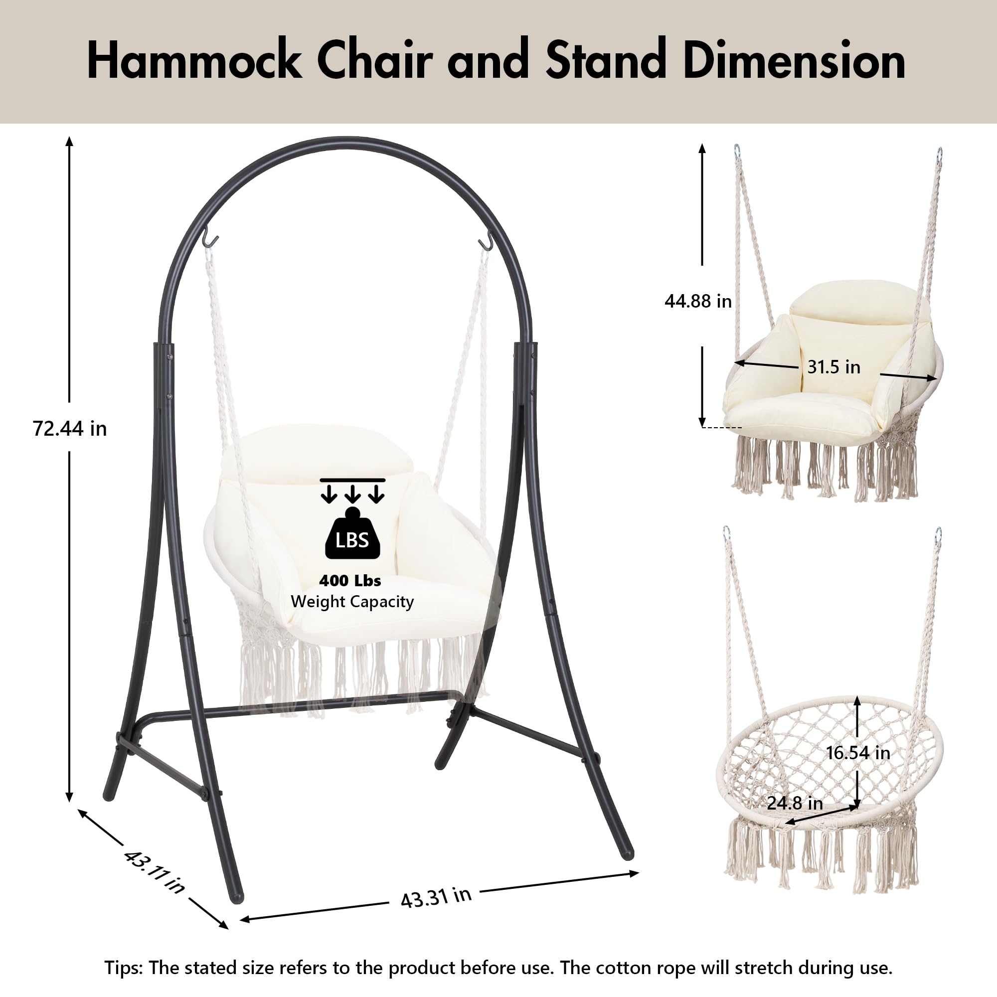 Silla hamaca de macramé con soporte, soporte para silla colgante resistente con silla oscilante, incluye cojín acolchado de lujo, máximo 400 libras, natural 6