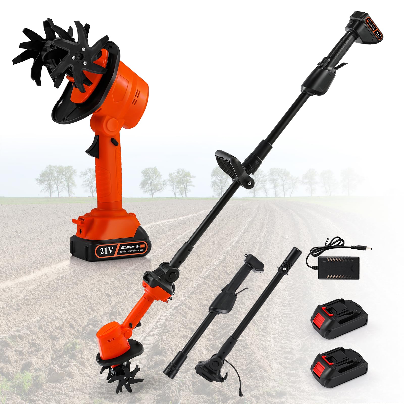 Moongiantgo Motobineuse-Sarcleuse 2-en-1 sans Fil, Design Main/Perche avec 4 Lames en Acier Trempé, Double Batterie 21V pour Désherbage, Labour, 10 cm de Profondeur/Largeur, 2×1500 mAh