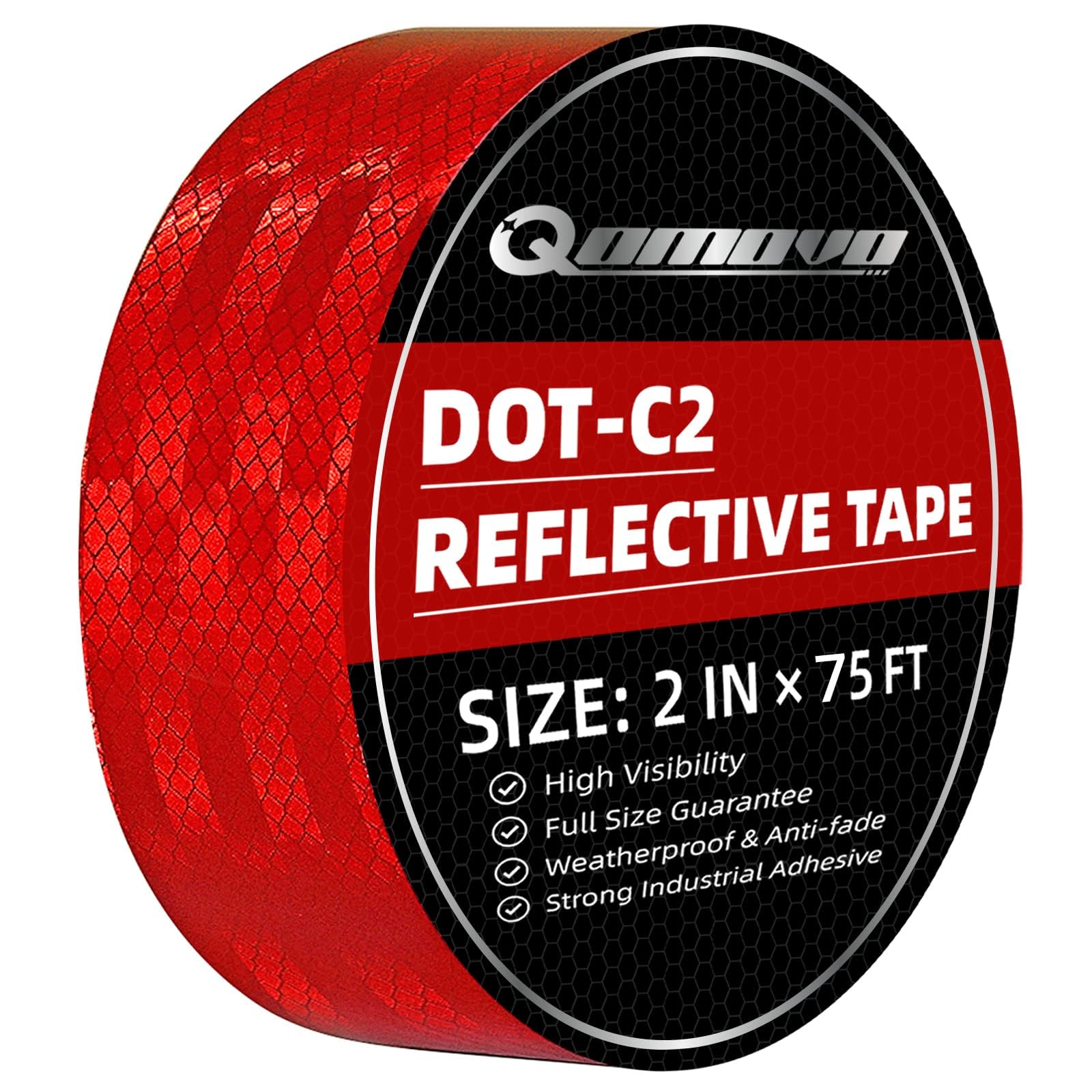 Qomovo Red High Visibility DOT-C2 Reflective Tape 2 inch x 75 feet Safety Warning Conspicuity Tape Waterproof Self-Adhesive Tape for Trailer Vehicles