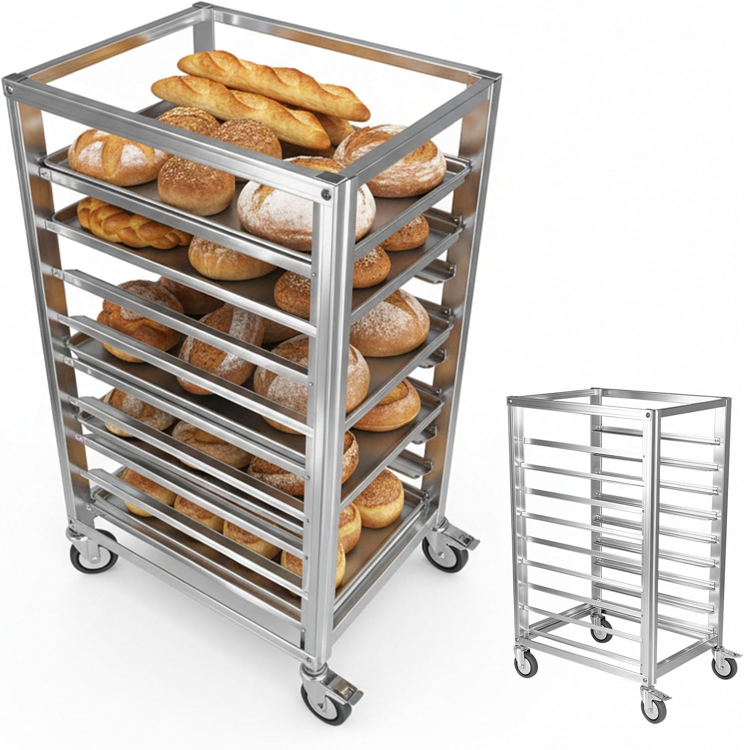 9 Tier 3 Inch Spacing Aluminium Commercial Bun Rack with Brake Wheels Home Commercial Kitchen Bakery Cooling Rack for Restaurant Cafeteria Pizzeria
