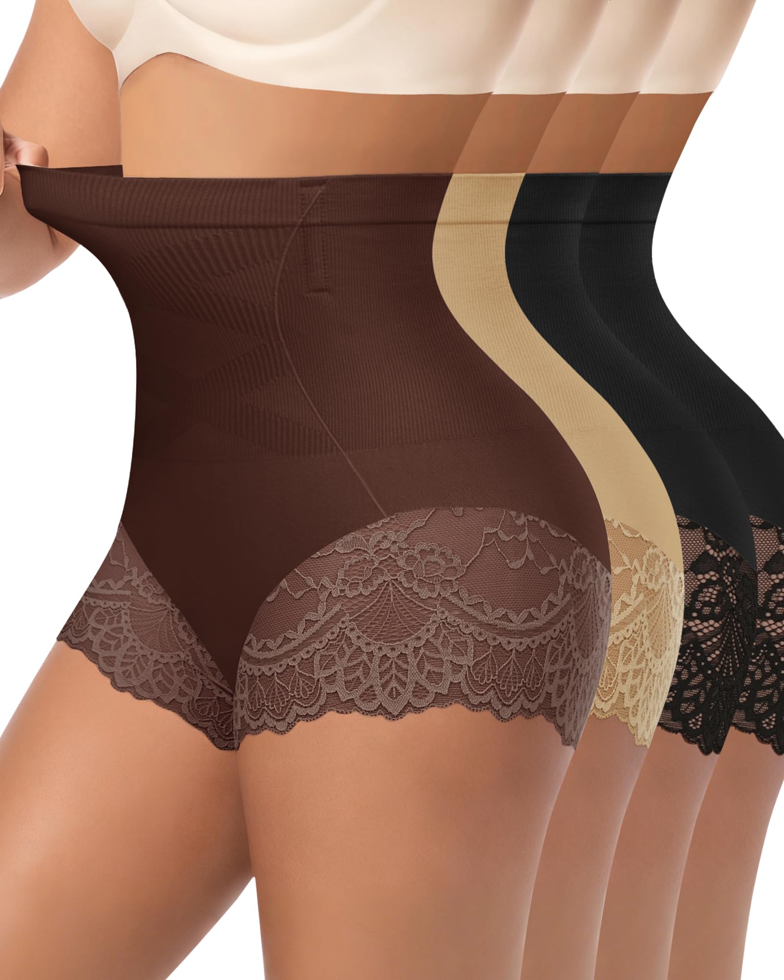 Womens High Waisted Underwear Ladies Panties with Lace Comfortable Briefs 4 Pack