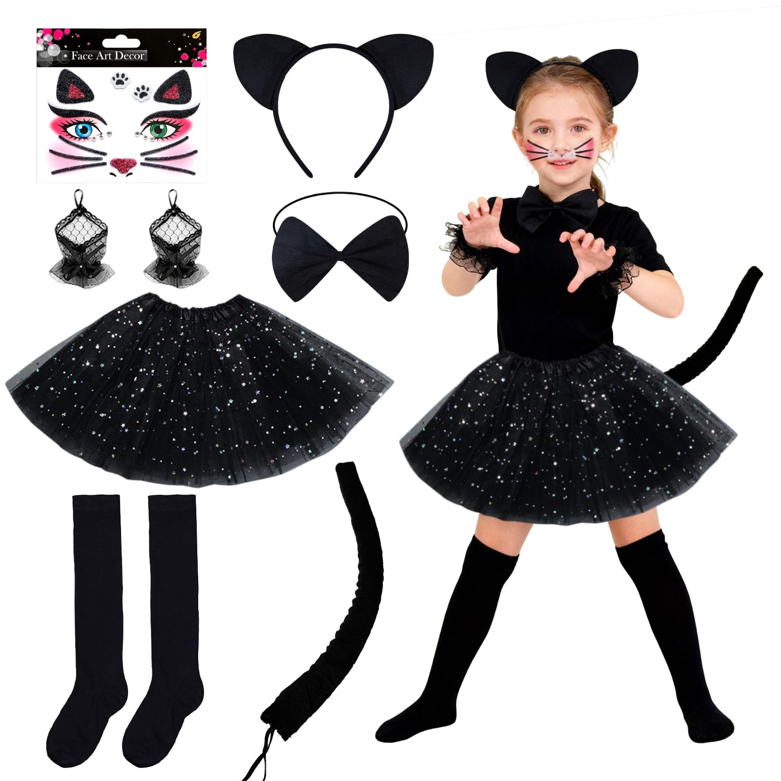 Xerteam 7-Piece Cat Costume Set for Girls, Cat Costume Set with Tutu Skirt Headband Bow Tie Cat Tail Lace Gloves Face Stickers Socks for Carnival Fancy Dress Cosplay Halloween World Book Day