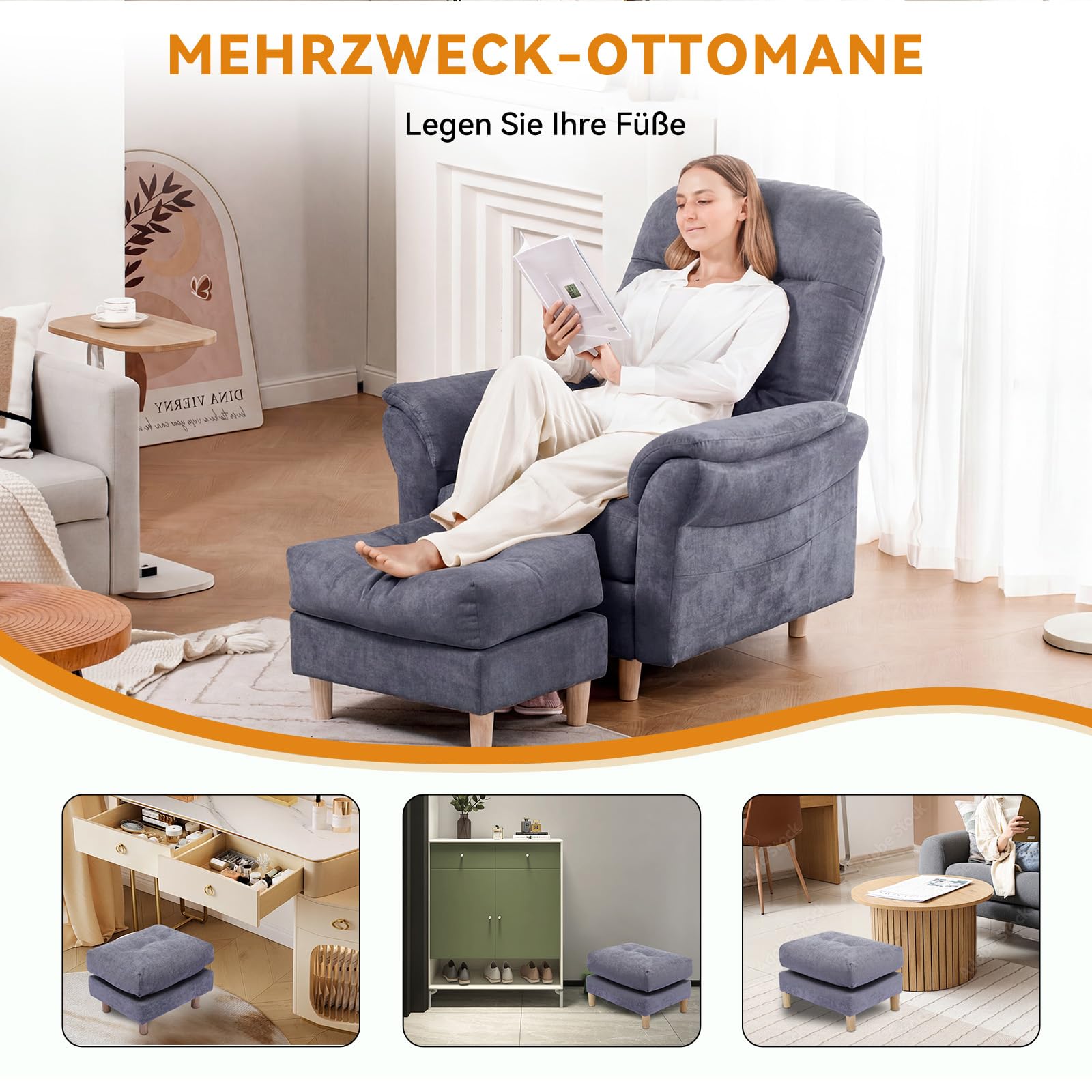 COMHOMA Relaxsessel Fernsehsessel mit Liegefunktion, Liegesessel mit Hocker & 4 Verstellbarer Rückenlehne, Polstersessel Stoff Einzelliegesessel Wohnzimmer Schlafzimmer Heimkino, Chenille, Grau