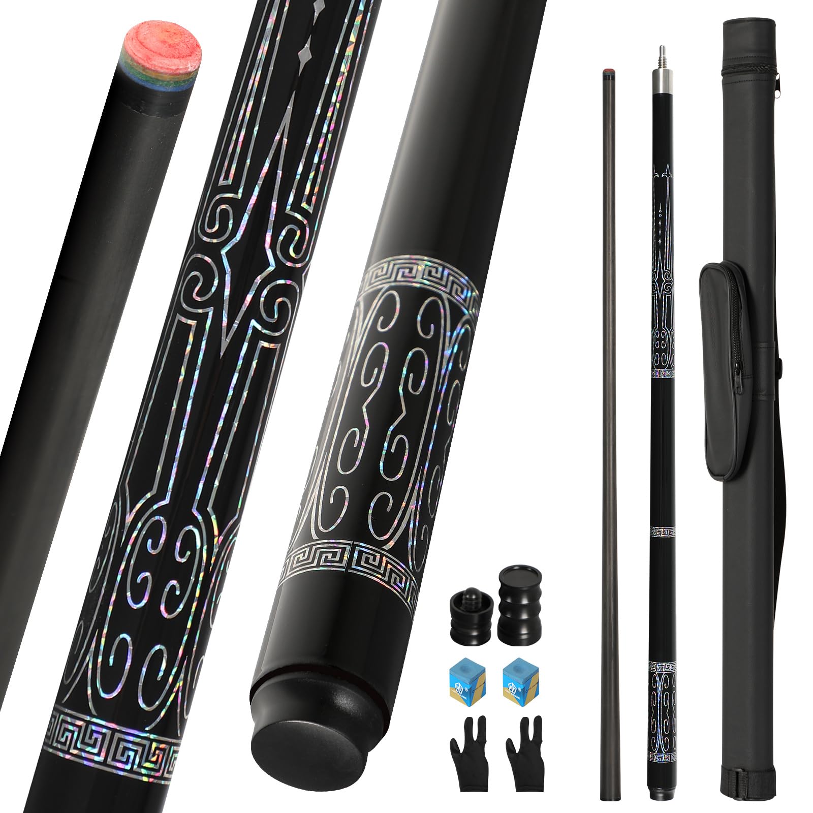 Carbon Fiber Pool Cue Stick 20-21 oz, Professional 13mm Rainbow Tip, 3/8 * 8 Joint, Includes Cue Case, Joint Protectors, Cue Chalks and Gloves