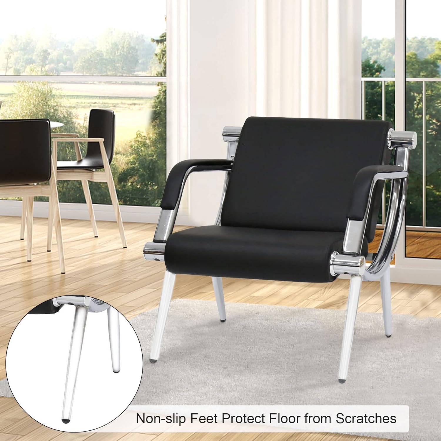 Waiting Room Bench Office Reception Chairs with Black Leather 1-Seat Visitor Guest Sofa for Airport Market Bank Salon