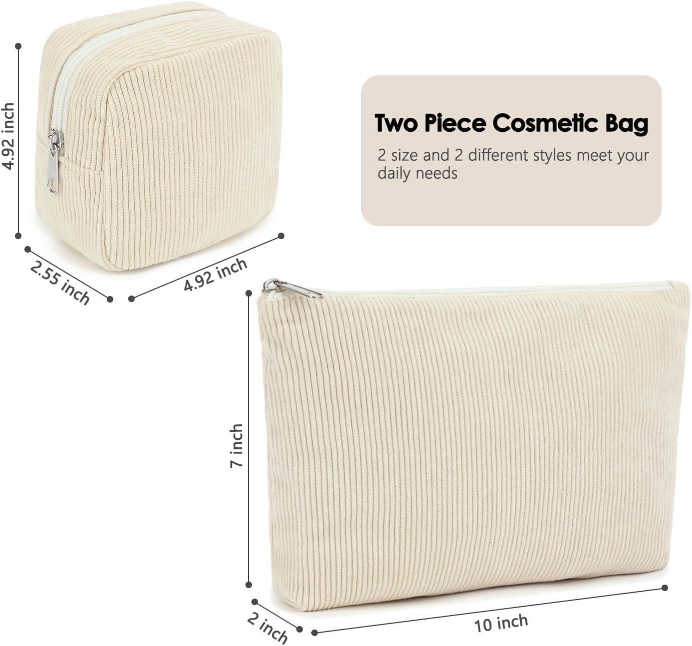 Corduroy Makeup Bag, Travel Cosmetic Bag Organizer Toiletry Bag Make Up Bags with Zipper & Compartments for Women Girls, 2PCS - Image 4