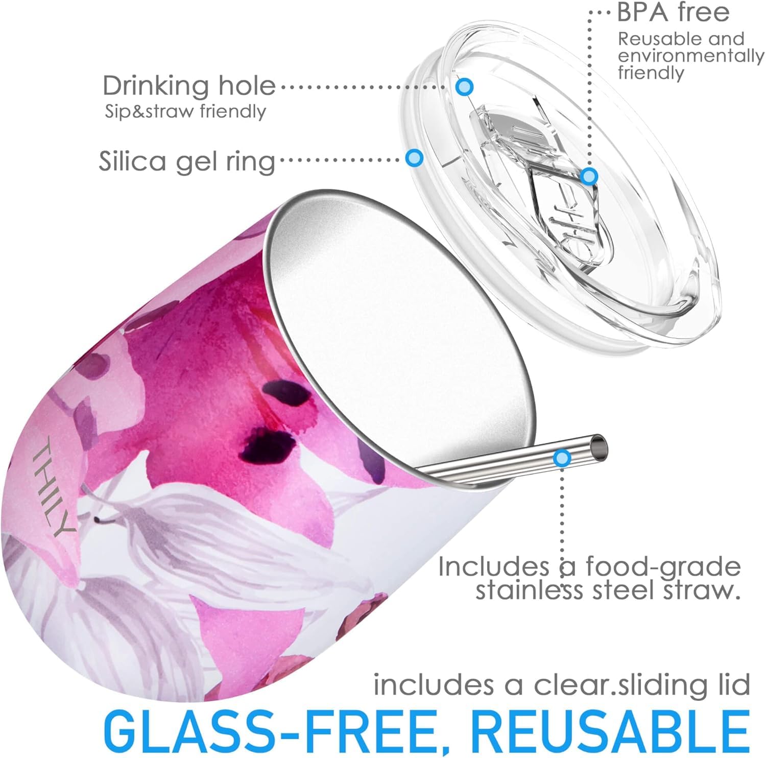 THILY Vacuum Insulated Stemless Wine Tumbler 12 oz Stainless Steel Wine Glass with Lid and Straw - Image 3