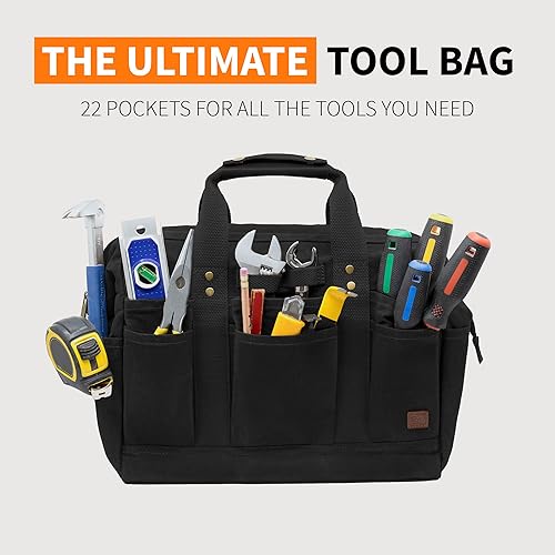 Miniatura 2 de PD Bolsa de herramientas de lona de 14 pulgadas, color caqui, 22 bolsillos, bolsa de comerciante resistente  Hecha para contratistas, pintores,