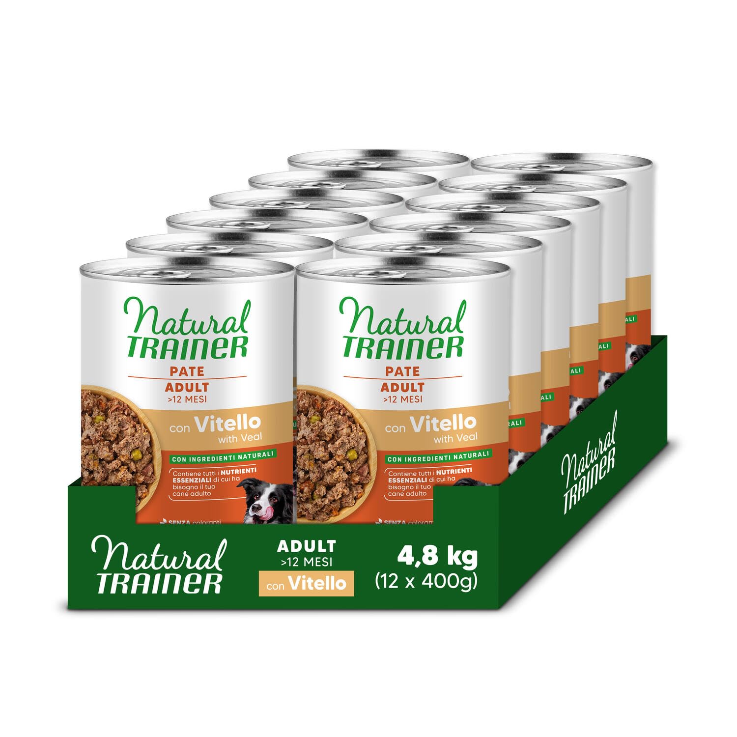Natural Trainer Medium-Maxi Cibo Umido per Cani Adulti - Paté con Vitello 12 x 400g