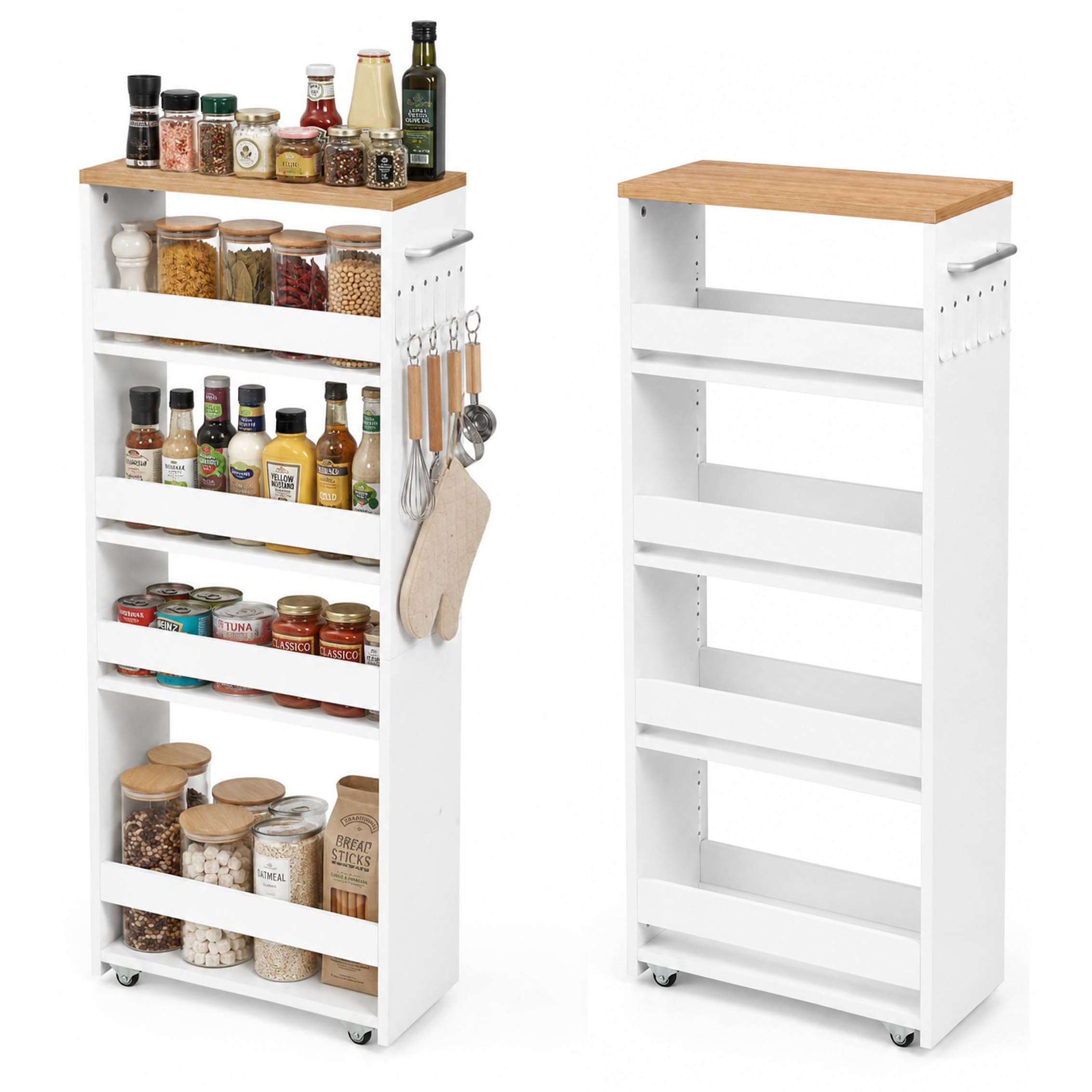 Carrito Organizador Estrecho Blanco 5 Niveles 40×22×108cm Pack de 2 | Cuatro ruedas, dos con freno, facilitan el desplazamiento; el asa lateral y los ganchos añaden espacio de almacenaje