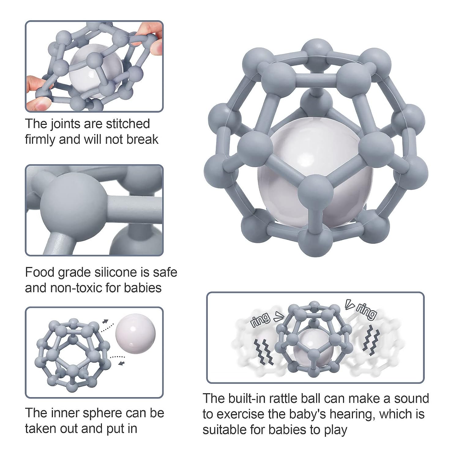 Baby Teethers Toys Silicone Soft Ball Easy to Hold Teether for Sensory Ball Exploration & Teething Stress Relief Molar Ball Soothing Teether Toy Baby Ball for Ages 0 Months+,(Rattle Teether Ball-Grey)
