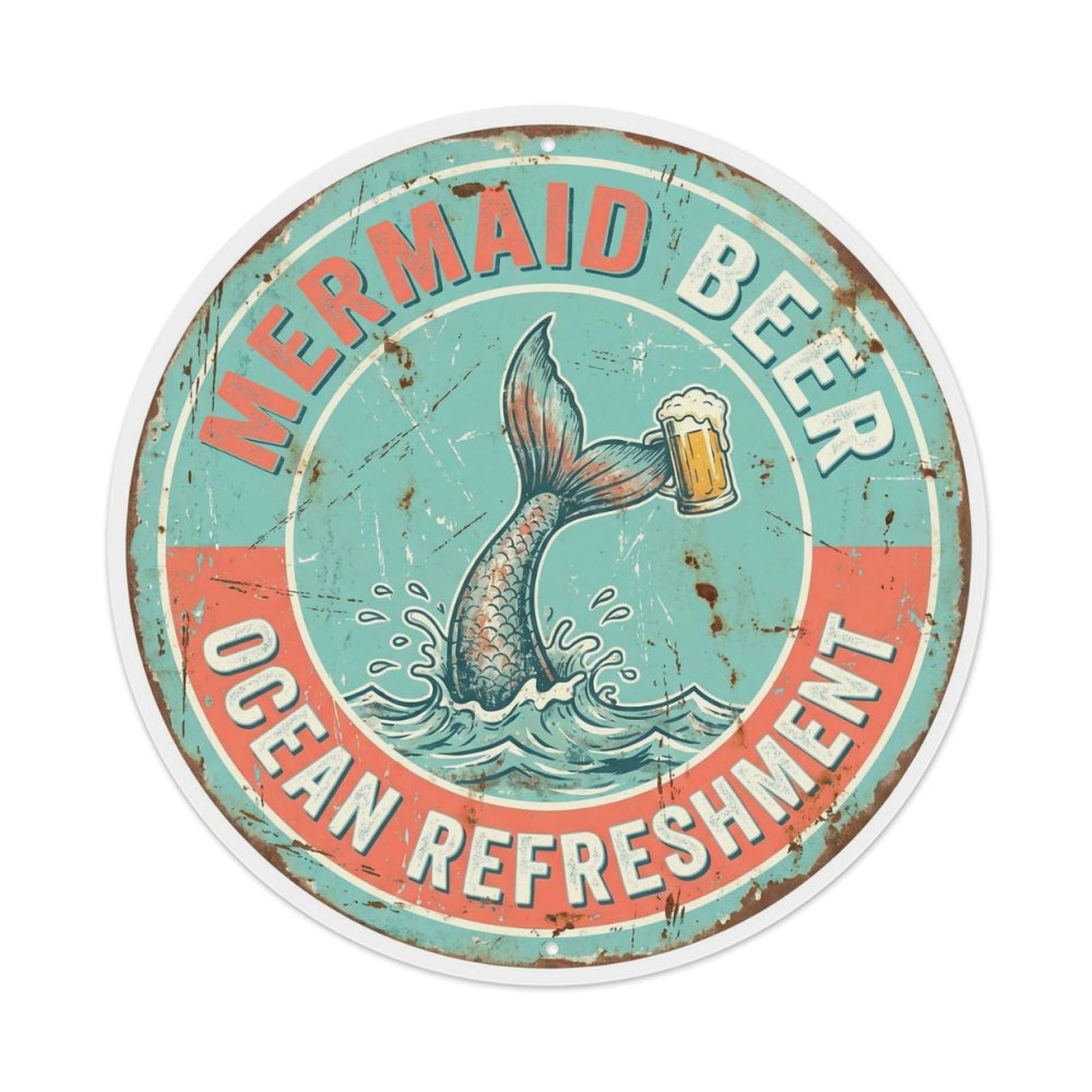 Retro Bar Mermaid Ocean Patio Beer Metal Tin Sign Plaque Wall Decor for Cafe, Club Bar, Office, Home Garden Round Metal Poster 8x8Inch