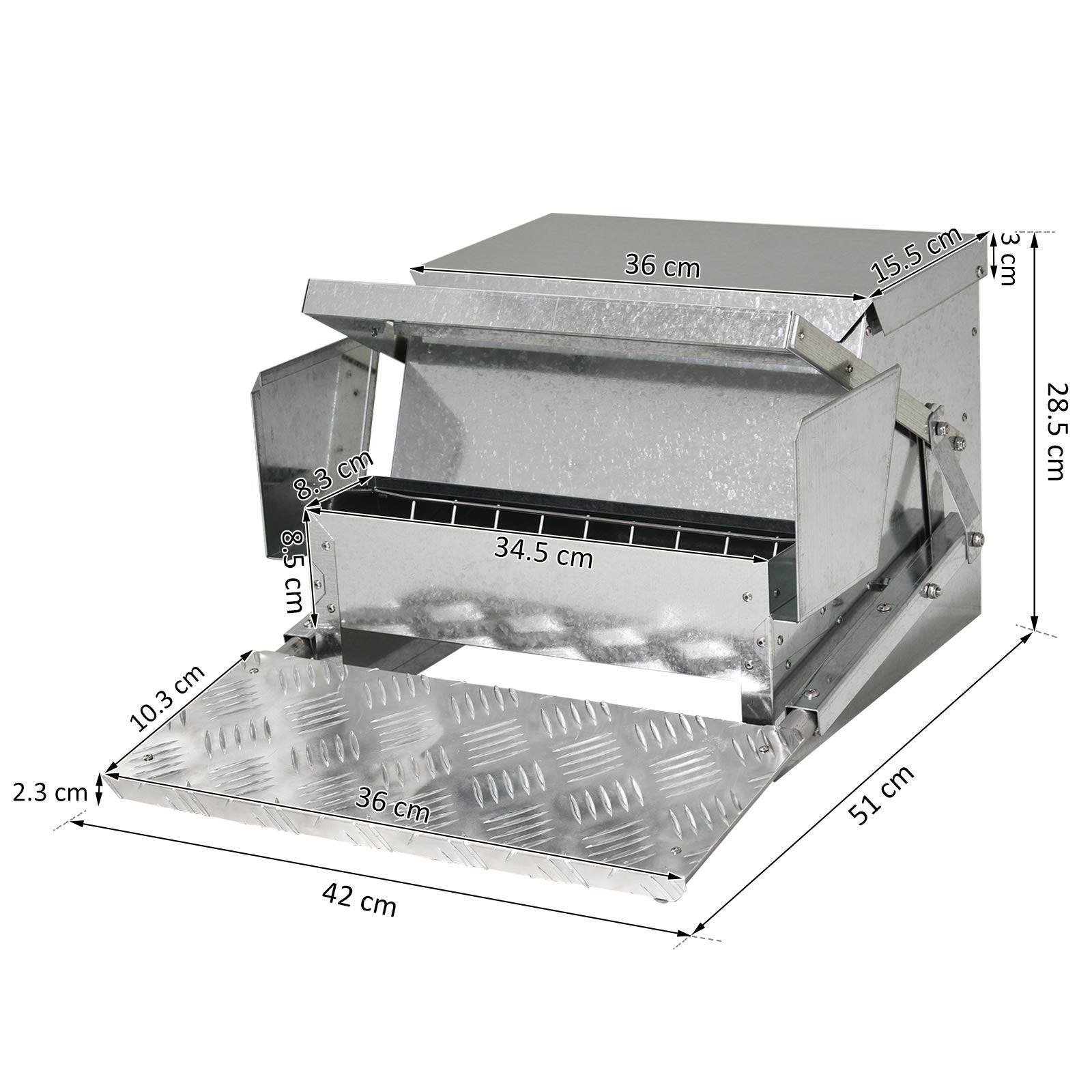 Pawhut - Comedero para Aves, Alimentador Automático de Aves de Corral de Pollo de 11,5 kg de Capacidad, con Construcción de Acero Galvanizado y Aluminio, Diseño Resistente a la Intemperie