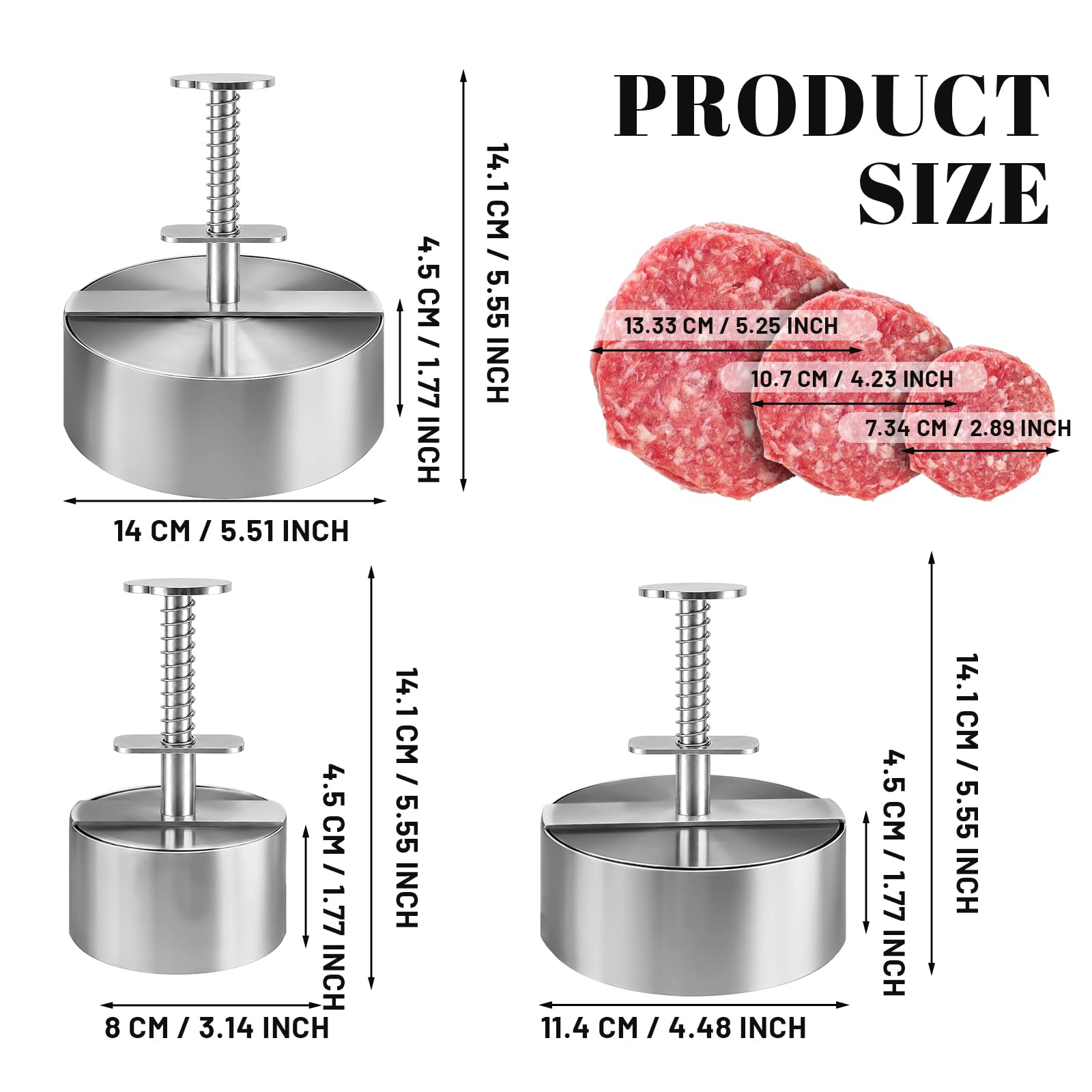 Presse à Burger Acier Inoxydable 304, Moule Steak Haché 8/11,5/14 cm, Antiadhésif pour Barbecue