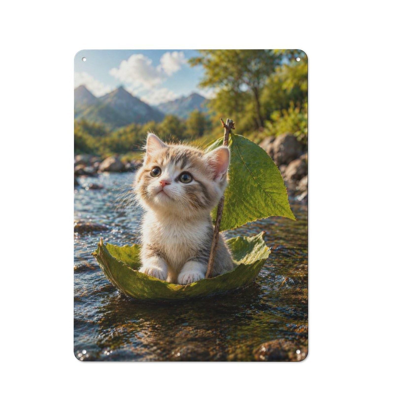 Junmoney Style-16 Kitten Sailing On A Leaf Boat Rustic Metal Sign 40X30cm For Pub Or Café, For Collectors Of Rustic Metal Wall Decor